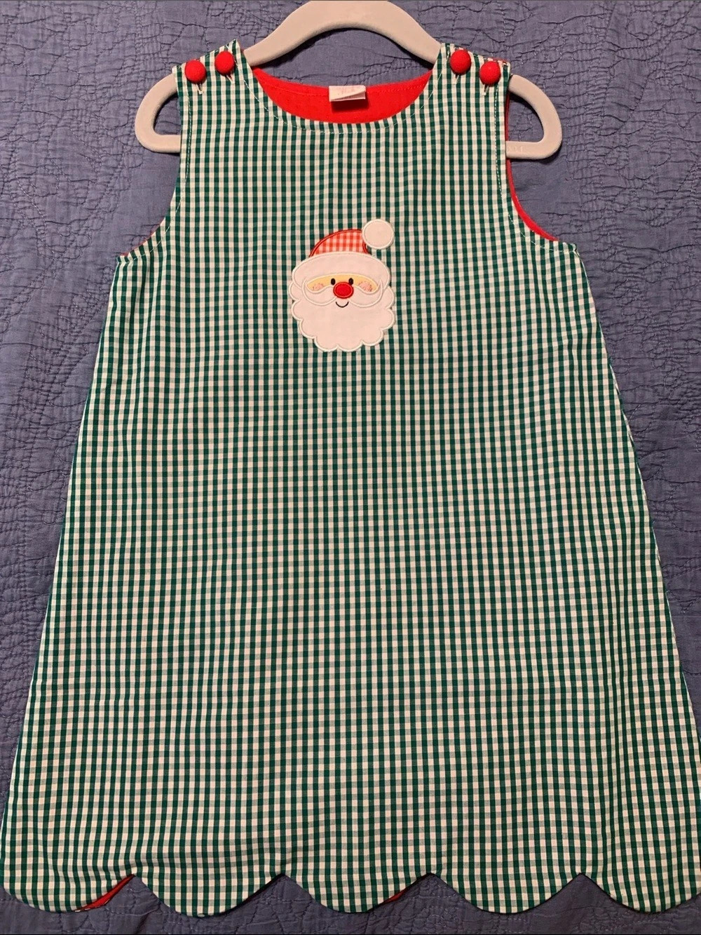 Stitchy Fish Girls Gingham Applique Dress in Green & Red Like New with Santa on